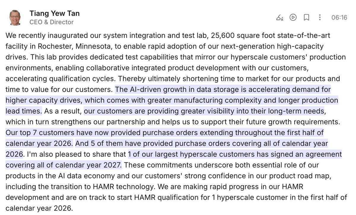 rwang07's tweet image. $WDC CEO Tiang Yew Tan: &quot;The AI-driven growth in data storage is accelerating demand for higher capacity drives, which comes with greater manufacturing complexity and longer production lead times. 

As a result, our customers are providing greater visibility into their long-term…
