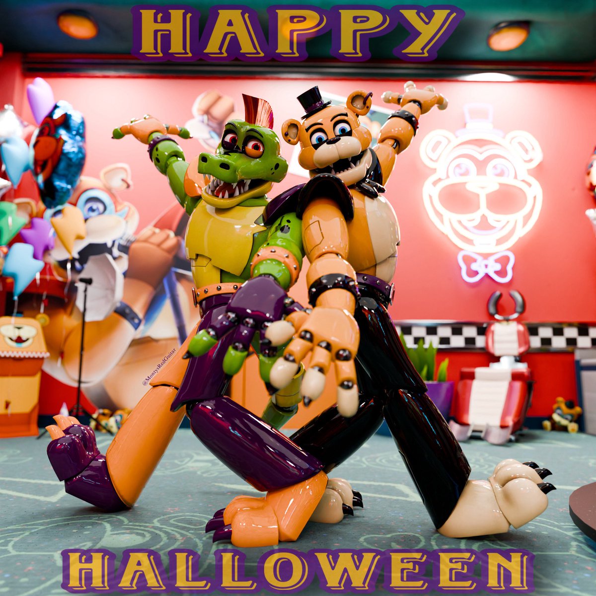 MontysRedGuitar's tweet photo. HAPPY HALLOWEEN!! 💜🧡

I hope you guys had a great day!

#montygator #montgomerygator #freddyfazbear #glamrockfreddy #fnafsb #blender #blenderrender #fnaf #monteddy https://t.co/vhCCxKBIPV