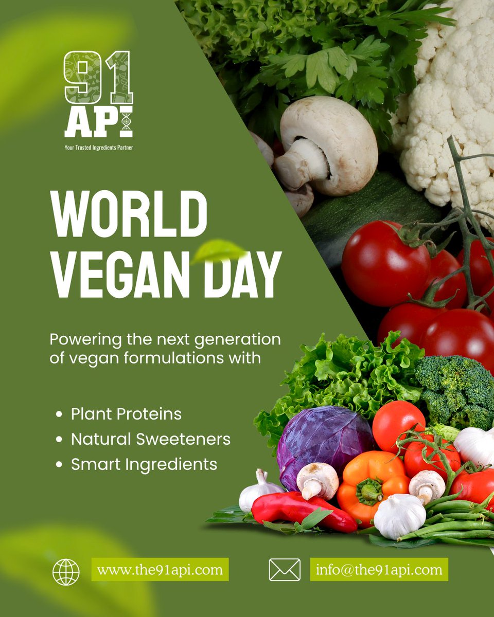 the91Api's tweet image. Celebrating World Vegan Day
At 91API, we’re shaping the future of vegan innovation — with plant proteins, natural sweeteners, and smart ingredients for a cleaner, sustainable planet. 

#PlantBasedInnovation #The91API #SmartIngredients #Sustainability #VeganFormulations