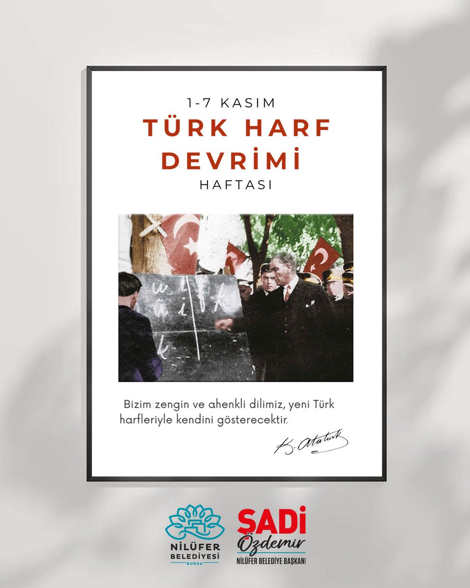 Türk Harf Devrimi’nin 97. yılında, okuma yazmayı toplumun her kesimine ulaştırarak kültürel aydınlanmanın önünü açan, milletimize çağdaş bir yön kazandıran Ulu Önder Mustafa Kemal Atatürk’ü saygı ve minnetle anıyorum.

1–7 Kasım Türk Harf Devrimi Haftası kutlu olsun! 🇹🇷