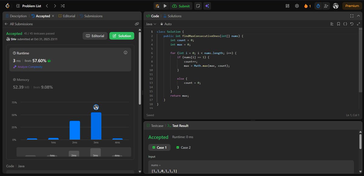 iShiv_twt's tweet image. Solved 2 LeetCode problems today ~
560. Subarray Sum Equals K
485. Max Consecutive Ones
#Java #DSA #LeetCode #showingup