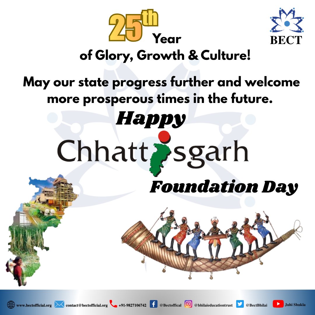 BectBhilai's tweet photo. 🎉 Celebrating 25 Glorious Years of Chhattisgarh! 🎉
On this special day, we salute the spirit, culture, and progress of our beloved state.
May Chhattisgarh continue to shine with prosperity, peace, and pride. 💚
Happy Chhattisgarh Foundation Day! 🇮🇳✨

#Chhattisgarh #25Years https://t.co/EsVI9D935e