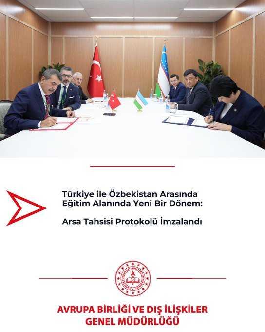 First image shows a formal conference room with wooden paneling and a long table covered in white cloth, where several suited officials sit engaged in discussion, Turkish and Uzbek flags positioned at the ends, documents and notebooks on the table, a graphic overlay announcing the protocol signing in Turkish with ministry logos. Second image depicts a similar meeting setup with more officials around the table, water bottles and papers present, flags of Turkey and Uzbekistan flanking the scene, plants in the background for decoration. Third image captures two officials, a man in a dark suit with a red tie holding a red folder and a woman in a blue suit holding a blue folder, shaking hands in front of wooden walls with Turkish and Uzbek flags on stands.