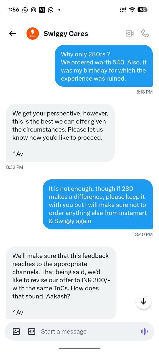 aakashdhingra17's tweet photo. This is how The Great Swiggy deals. Complaint wapis loge to bees rupaya dega  @Swiggy @SwiggyCares https://t.co/4OSVqFGL1S