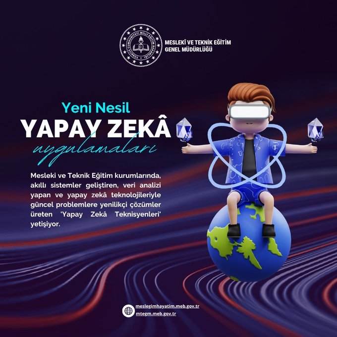A 3D rendered cartoon illustration shows a young boy with red hair wearing virtual reality goggles and a blue suit, extending his arms to hold two glowing crystal-like objects with wing attachments. He stands atop a green and blue globe representing Earth. Surrounding elements include blue digital lines and nodes suggesting connectivity. The background features the logo of Mesleki ve Teknik Egitim Genel Mudurlugu and text in Turkish reading Yeni Nesil YAPAY ZEKA ugYenIekImAndIrI about new generation AI technicians in vocational education. A watermark from mtegm.meb.gov.tr appears at the bottom.