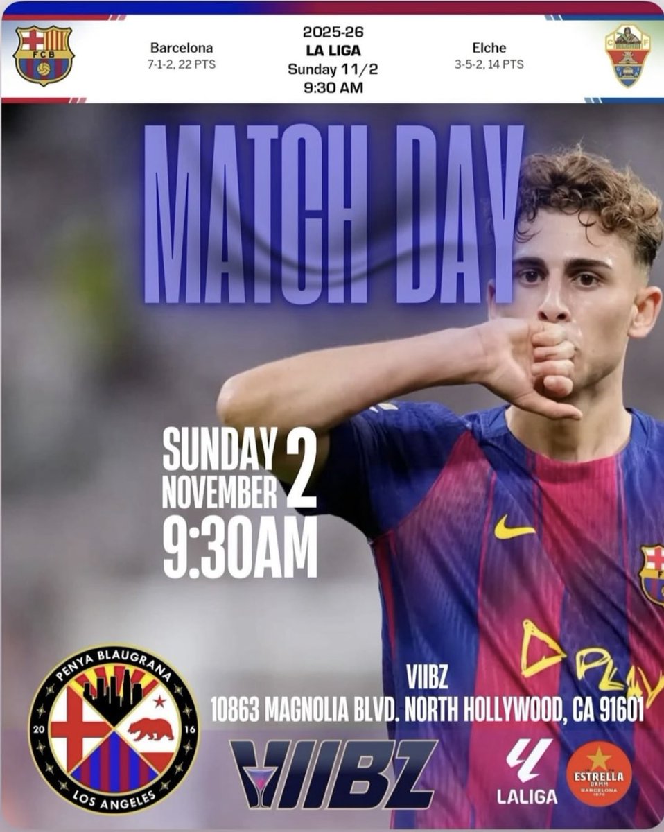 Match day Nov 2nd
9:30am kickoff
Come grab some breakfast
Some Estrella and watch the boys defend the blaugrana colors! 💙❤️
Viibzla 10863 Magnolia BLVD NOHO
