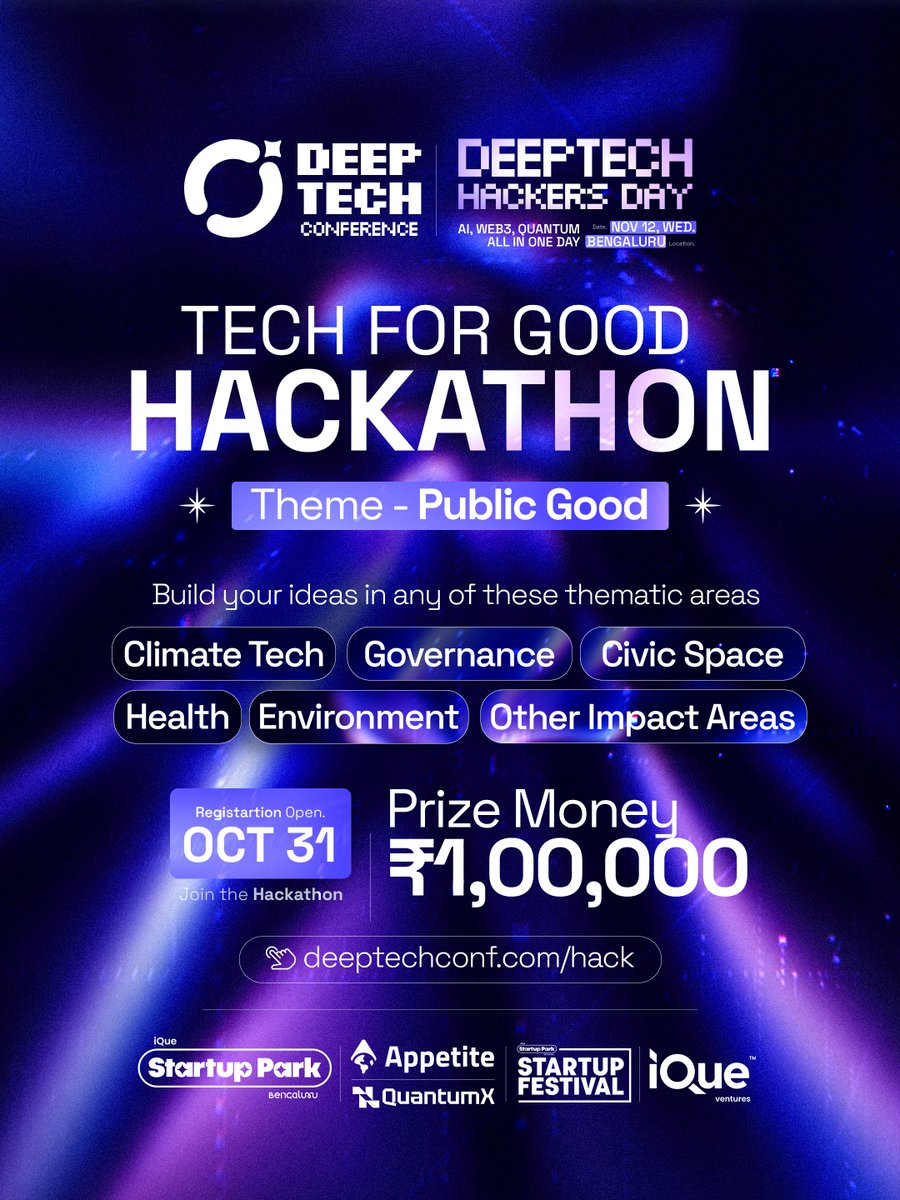 appetite_studio's tweet photo. The Tech for Good Hackathon is live

It’s time to build at the frontier of impact

₹1,00,000 prize money!

Top 4 teams present live at DeepTech Hackers Day happening Nov 12

Registrations are live 👉🏼 https://t.co/fWApKZ39qz

@iQueventures  #StartupPark @appetite_studio