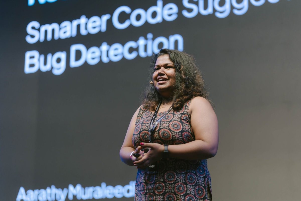 react_india's tweet image. Aarathy Muraleedharan from Keyvalue Software Systems just wrapped a brilliant session on React DevTools + AI. 
Smarter code suggestions, faster debugging, the future of React dev is here. 
#ReactIndia2025 #ReactDevTools