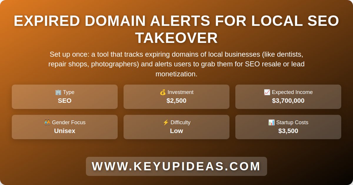 KeyUpIdeas's tweet photo. Set up once: a tool that tracks expiring domains of local businesses (like dentists, repair shops, photographers) and alerts users to grab them for SEO resale or lead monetization.

🔗 https://t.co/9YWNBEfoOy

#ExpiredDomains #LocalSEO https://t.co/SnfKUoS2so