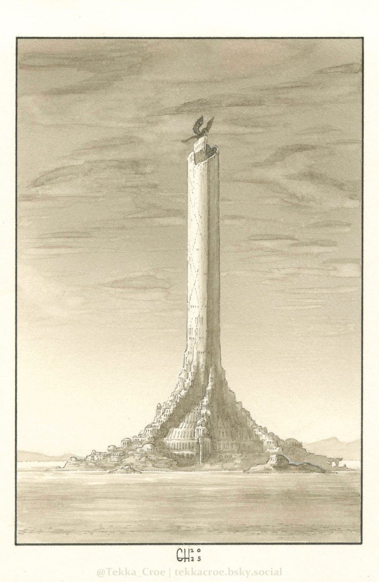 Inktober 31: Endless Tower
At the heart of the world, an impossible white tower stands from the sea.  The sight of it on the horizon inspires a feeling of grave importance, though none can say exactly why.
#art #traditionalart #Inktober2025