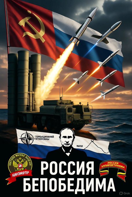 A propaganda poster depicts the Russian flag with a hammer and sickle emblem in the background multiple missiles launching from a coastal military vehicle platform toward the sky over the sea at sunset a portrait of Vladimir Putin in a suit stands on the vehicle with Russian naval and military badges nearby text in Russian reads Rossiya Pobeditelnaya surrounded by red ribbons.