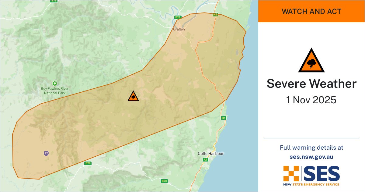 The NSW SES is advising people in the following area(s) to STAY INDOORS due to heavy rainfall, damaging winds, large hailstones, giant hailstones, flash flooding:
- Grafton
- Nymboida
- Coutts Crossing
- Ulmarra
- Wooli
- Glenreagh
-