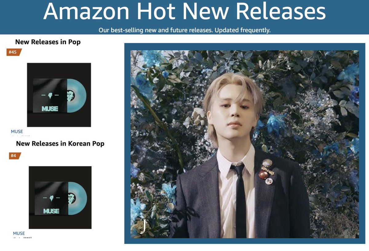 Jimin's Muse is back at #45 on Amazon's Hot New Releases 🇺🇸 - Pop category and has moved up to #4 in the Korean Pop category.

Buy Muse vinyl and don't forget to stream Muse top to bottom on all premium streaming platforms!