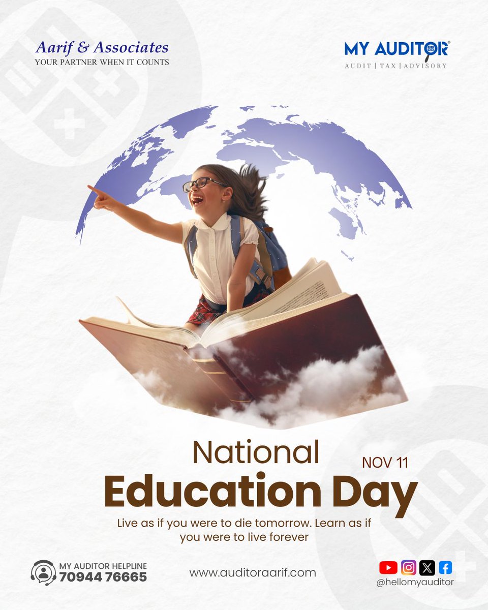 hellomyauditor's tweet image. Education is the foundation of progress and the key to a brighter future.
On this National Education Day, let’s celebrate the power of learning, knowledge, and the continuous pursuit of growth.
#NationalEducationDay #PowerOfLearning #AarifAndAssociates #MyAuditor