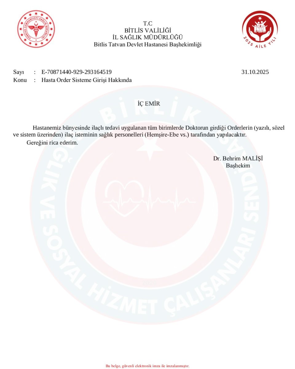 ⚖️ İlaç İstemi Hekim Sorumluluğundadır!

Bitlis Tatvan Devlet Hastanesi’nde yayımlanan, “doktorun girdiği orderlerin ilaç isteminin sağlık personeli tarafından yapılacağı” yönündeki iç emir mevzuata uygun değildir.

6283 sayılı Hemşirelik Kanunu ve Hemşirelik Yönetmeliği açıkça