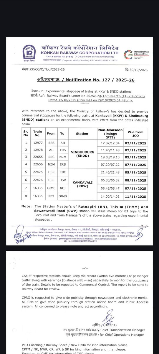 खाली नमूद केलेल्या दिनांकांपासून १२९७७/१२९७८ मारुसागर एक्सप्रेस आणि २२६५५/२२६५६ एर्नाकुलम निझामुद्दीन एक्सप्रेसला सिंधुदुर्ग तर २२४७५/२२४७६ हिसार कोयंबतूर एक्सप्रेस आणि १६३३५/१६३३६ नागरकोईल गांधीधाम एक्सप्रेसला कणकवली स्थानकांवर थांबे