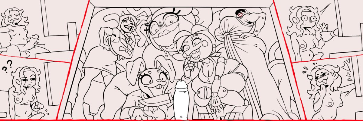 WIP of a Monthly pic for all my supporters!
5 Horror game whores take notice of a girl jerking off at her computer, and decide to make the porn a little more personal!
Happy Halloween!👻