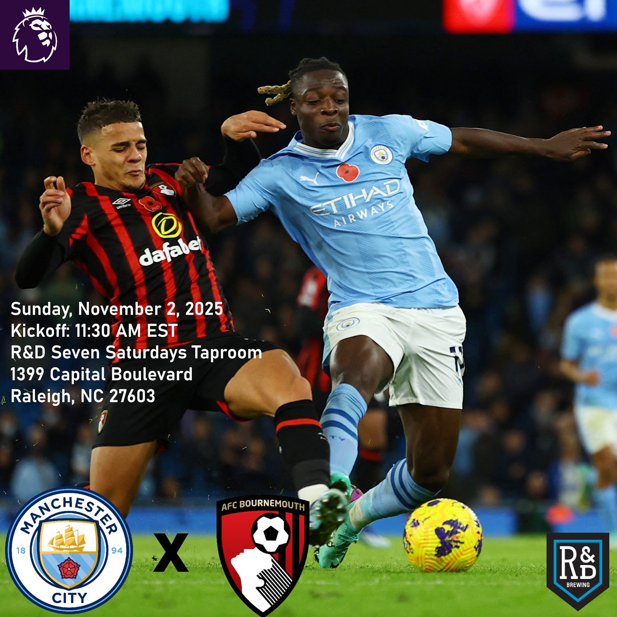 Join us at R&amp;D on Sunday morning as Manchester City welcome Bournemouth to the Etihad. Kickoff against the Cherries is at 11:30 AM.

(Reminder: Clocks go back one hour Sunday morning.)

#mcfc #mancity #mancityosc