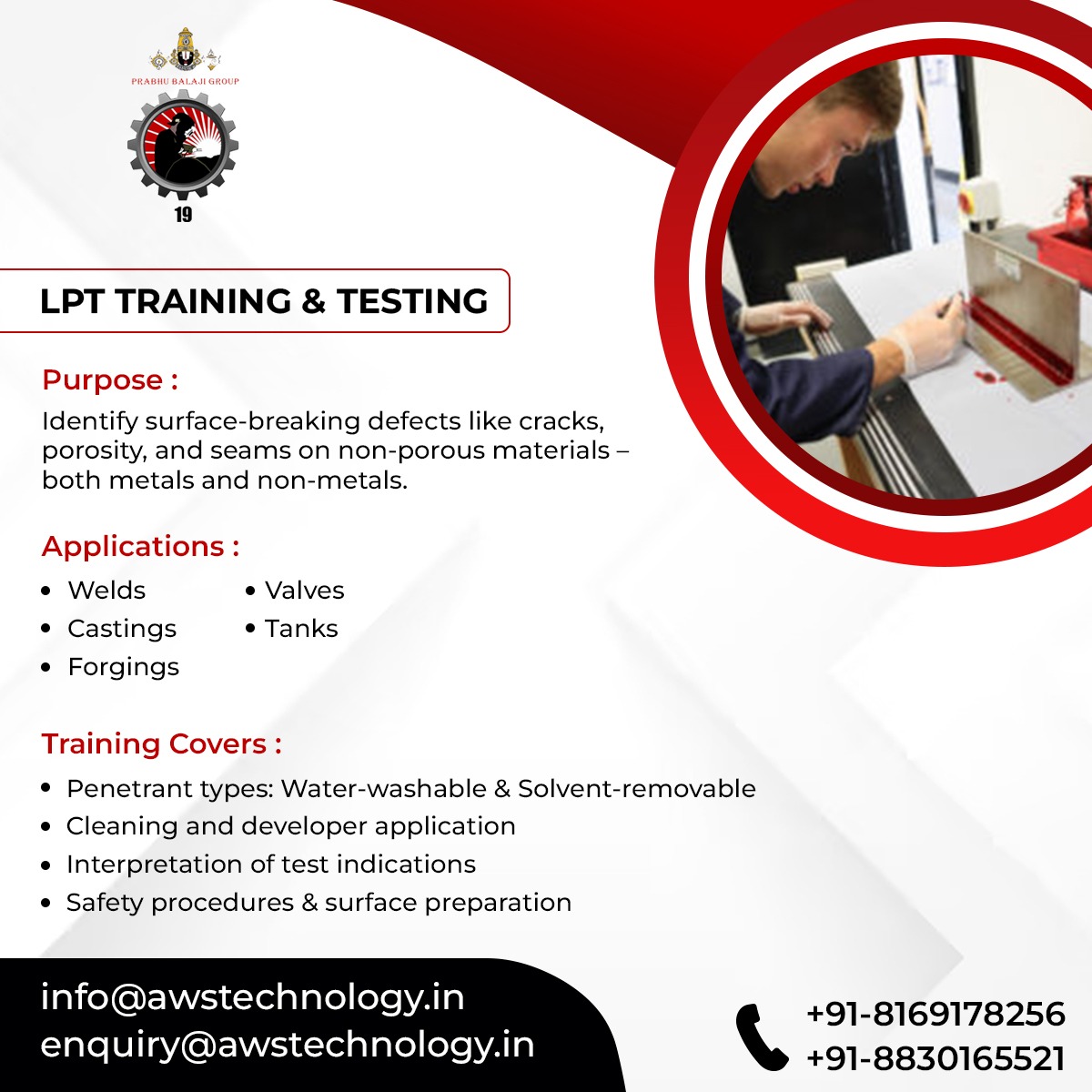 AWS_Tech_Center's tweet image. LPT Training &amp;amp; Testing

Detect cracks &amp;amp; surface defects on metals &amp;amp; non-metals.

✔️ Welds ✔️ Castings ✔️ Forgings ✔️ Valves ✔️ Tanks
📞 +91-8169178256 | 📧 enquiry@awstechnology.in
#NDT #LPT #Inspection #WeldingQuality