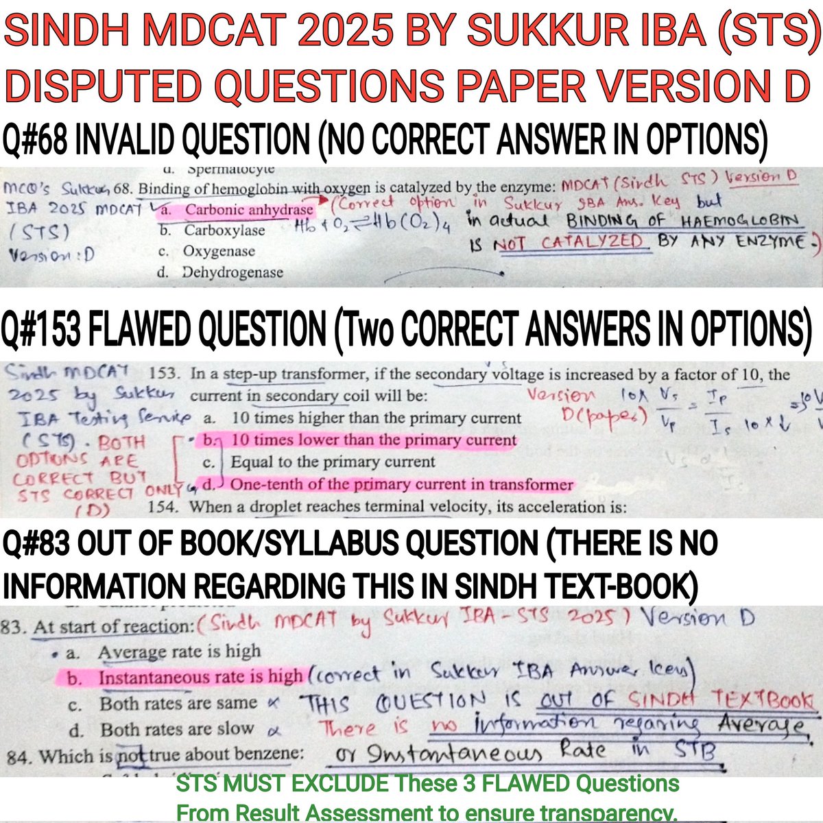 PMSA_Pak's tweet photo. @Sukkur_IBA SUKKUR IBA (STS) MUST EXCLUDE These 3 FLAWED Questions From Result Assessment to ensure transparency,as 1 mark is also crucial for admission in Medical College.
#FlawedQuestionsInMDCAT
#SindhMDCAT2025
#GraceMarks
#Transparency

@Sukkur_IBA
@AzraPechuho 
@KamalMQM 
@pmdcofficial https://t.co/NMfqtmWKW3