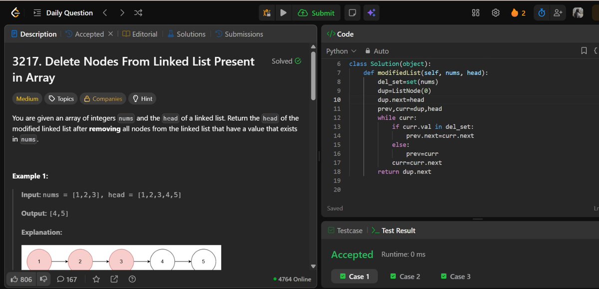 SnehaDotPy's tweet image. Solved LeetCode POTD – 3217. Delete Nodes from Linked List Present in Array
#LeetCode #DSA