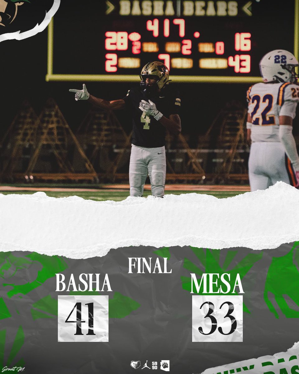 Final score from Chandler:

🐻<a href="/bashagridiron/">Basha Gridiron</a> 41 - 🐇 <a href="/Mesa_FB/">Mesa High Football</a> 33

Next week your Bears take on the team up the street for the Battle of Val Vista Thursday November 6

<a href="/MarquesReischl/">Marques Reischl</a> <a href="/BashaAthletics/">Basha HS Athletics</a> <a href="/bashabearnation/">Basha Bear Nation</a>