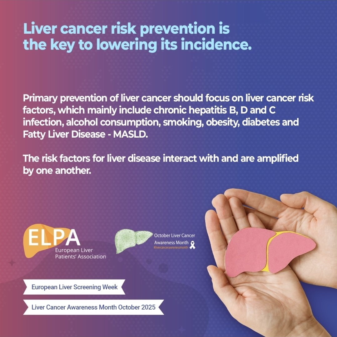 EuropeLiver's tweet photo. 🎗️ #LiverCancerAwarenessMonth 2025 may be coming to an end — but our mission continues every single day.
💛 During #EuropeanLiverScreeningWeek, we witnessed once again how awareness, prevention, and early detection can save lives.
At ELPA – European Liver Patients’ Association, we stand united for every liver patient in Europe:
🌍 advocating for equal access to the best treatments and medical care,
🧠 connecting liver health with all non-communicable diseases* — from heart to brain,
💪 and driving forward the vision of a Europe where no one is left behind.
The key to lowering #livercancer and #transplantation incidence lies in prevention:
🚫 Stop viral hepatitis (#HBV, #HDV, #HCV)
🥦 Reduce #alcohol consumption
🚭 Quit #smoking
🏃♂️ Fight #obesity and #diabetes
❤️ Protect your liver from #MASLD #MASH #FattyLiverDisease, #RareLiverDisease #PBC #PSC #Alpha-1 ......
Every choice you make today shapes your #liverhealth tomorrow.
Together, we can turn awareness into action — and action into #hope.
#LiverCancerAwarenessMonth #EuropeanLiverScreeningWeek #ELPA #LiverHealth #OneHealth #PreventionSavesLives #EarlyDetection #ActForLiver #TogetherForPatients
@OliverVarhelyi @EU_Health @oncodaily @OncoDailyGI @EASLedu @EASLedu @EASLnews @my_ueg @Marko_Korenjak @myESMO @GlobalHeartHub @EU_HaDEA @IARCWHO