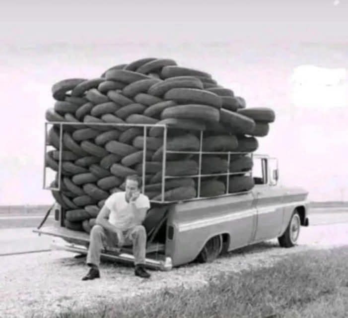 A tyre puncture occurred in that car, which was loaded with tyres, but unfortunately, none of them fit the vehicle. This image evokes the notion of people who have many friends, but when they need help, no one is available.