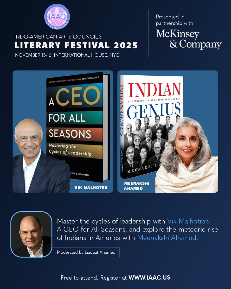 Leadership &amp; legacy take center stage at IAAC Lit Fest! Hear from Vik Malhotra and Meenakshi Ahamed in partnership with <a href="/McKinsey/">McKinsey & Company</a> and conversing with Liaquat Ahamed. 

Nov 15, International House NYC. 
Register now: bit.ly/IAACLitFest2025

<a href="/jafreenmu/">Jafreen Uddin</a> <a href="/aaww/">aaww-nyc.bsky.social</a> 

#IAAC #LitFest
