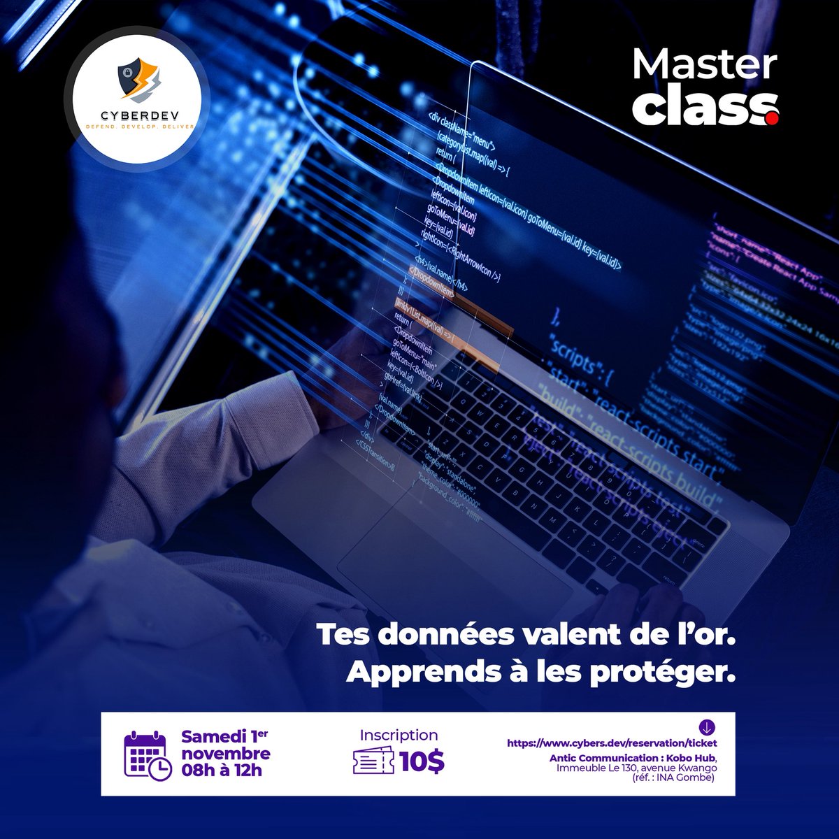 CyberDev2025's tweet photo. Tes données valent de l’or. Protège-les.
Photos, mots de passe, cartes tout circule sans que tu le saches.
La cybersécurité, c’est ta nouvelle armure digitale. 

📅 1er nov | 💵 10 $
📍 Unikin | UPAC | William Booth
🌐 https://t.co/G5yRTCsKwJ
#CyberDev #CyberSécurité #TechAfrique https://t.co/bPYIs8pCTs
