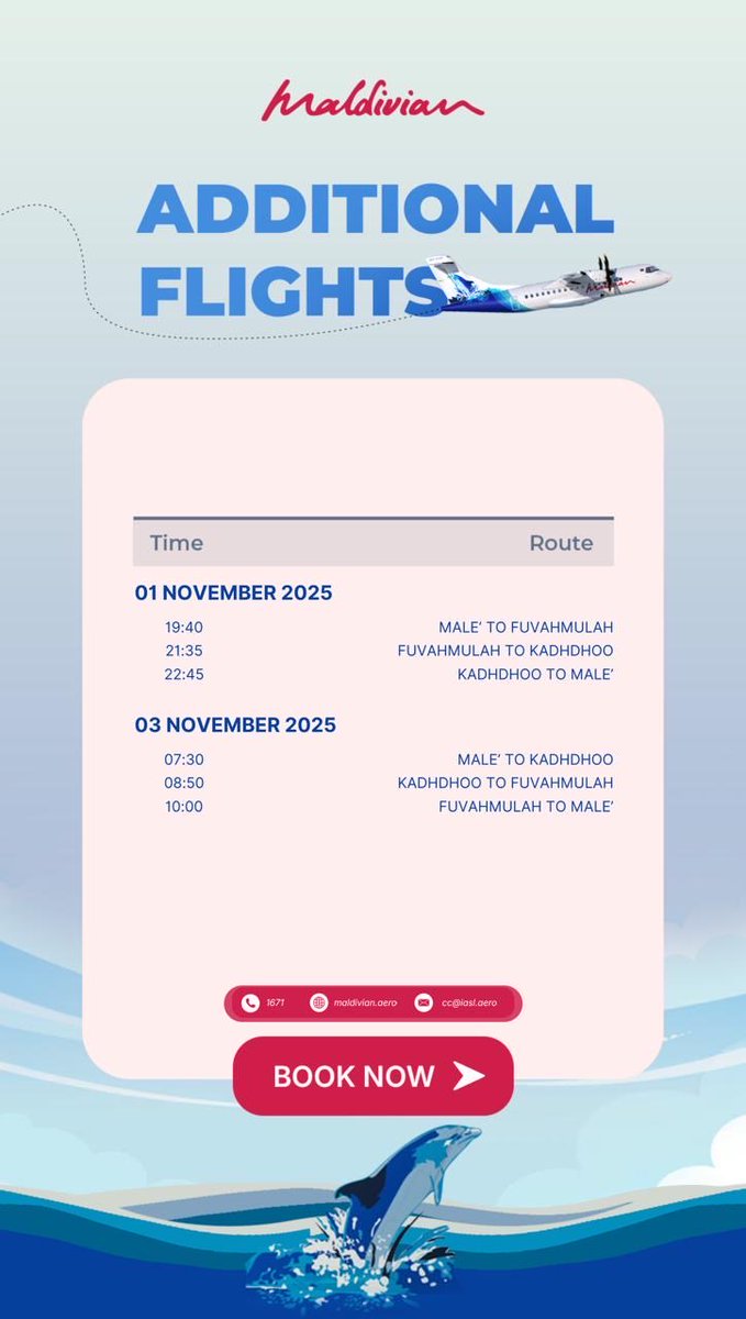 MaldivianAero's tweet photo. Additional flight added! ✈️

Plan your next journey with us and enjoy more flexibility.

Book your seats now at https://t.co/RqClHLONL0 

#MaldivianAero https://t.co/qtzLGCawQI