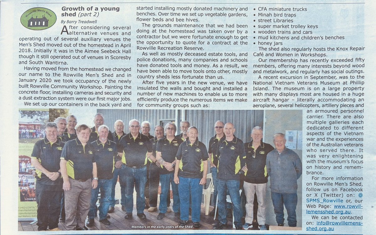 Our Nov. ‘25 <a href="/rlcnewspaper/">Rowville-Lysterfield Community News</a> article was compiled by Barry Treadwell &amp; details our journey from the Stamford Park Homestead to our permanent ‘shed’, built on the old netball courts in Police Road Rowville it’s surrounded by open spaces with a mob of kangaroos as regular visitors.