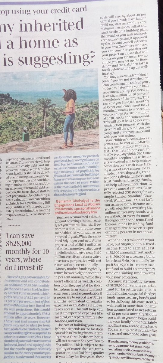 cheruiyotkb's tweet photo. Clifford has Sh 1.325M saved and can afford to top up Sh 28,000 monthly savings at least for the next ten years. Having done MMF savings and unsatisfied with returns under 10% annually, he seeks a diversified portfolio for better returns. Read our opinion in the Saturday Nation.