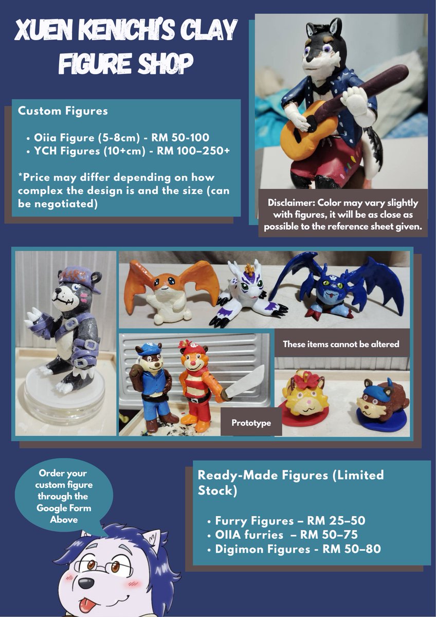 KenichiXuen's tweet image. Yohohoho mina san~
I will be selling some polymer clay figures during #furum2025 😺at @LittleHyperG  booth

&amp;amp; I will be opening 3 slots for custom figures with prices below ⬇️⬇️⬇️

You can place your order with the link below:
forms.gle/53f4JS5qfPsiHK… 
Order Ends on 15 November