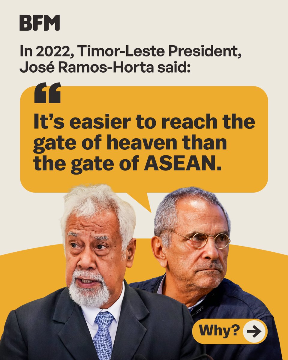 BFMradio's tweet image. 📍🇹🇱 Timor-Leste was finally admitted as the 11th member of ASEAN, after a long 14-year wait. 

Here’s why Timor-Leste President Kay Rala Xanana Gusmão calls it a dream realised. ➡️ 

🧵 1