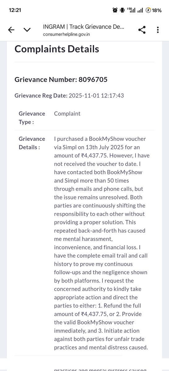 aditi_sharma_23's tweet photo. I hope now NATIONAL CONSUMER HELPLINE can help me. 
@bookmyshow @getsimpl
@jagograhakjago  @nsharma0813 https://t.co/nSZ14k5vxD