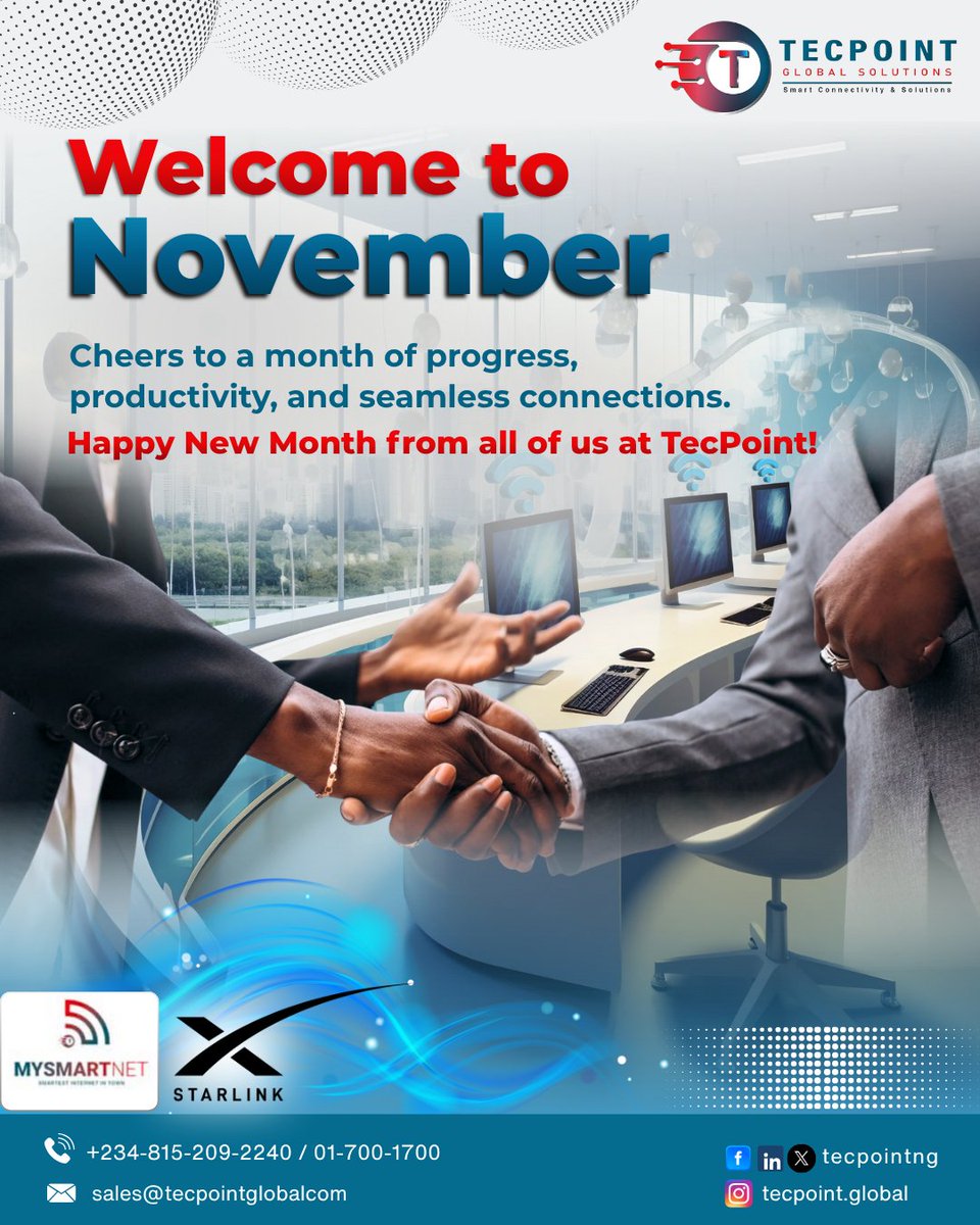 tecpoint_ng's tweet photo. Welcome to a brand-new month! 🌟
At TecPoint Global Solutions, we’re stepping into November with optimism, drive, and innovation. 💪
Here’s to a month of progress, productivity, and seamless connections! 🚀
#WelcomeNovember #HappyNewMonth #TecPointglobal #BusinessGrowth https://t.co/J6yyC4wwSu