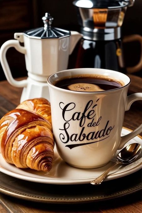 A white ceramic mug with black text reading Café del Sabado holds dark coffee with a spoon inside, placed on a white saucer on a wooden table. Next to it is a white plate with two glossy golden croissants. A white moka pot and a silver espresso maker sit nearby. The setup is on a light wooden surface with subtle warm lighting.