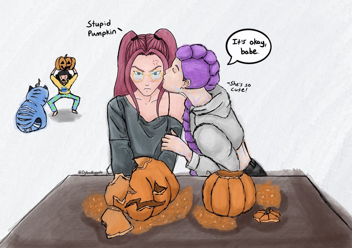DyknoNuggets's tweet photo. Zoey introduced the girls to pumpkin carving but it has tested Mira’s patience and bruised her ego. Thankfully she has Rumi to comfort her.  
My entry for Day 1 of #RumiraHolidays (I swear it’s still technically Halloween where I live). @RumiraHolidays https://t.co/5pT8cx62aJ