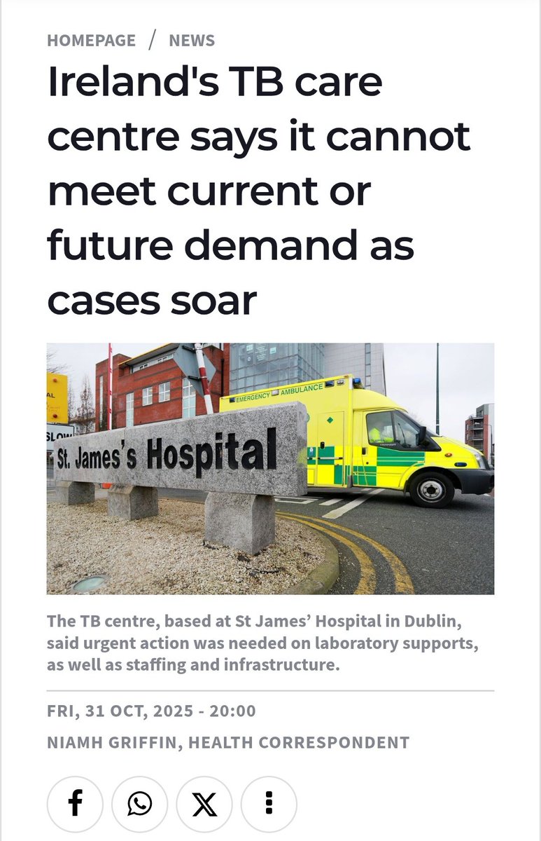 The country's main centre for tuberculosis care has warned it cannot meet current or future demand, saying it saw as many children under one with the potentially lethal condition as in the previous decade combined. - Niamh Griffin 

TB incidence rose by 30% last year overall, the
