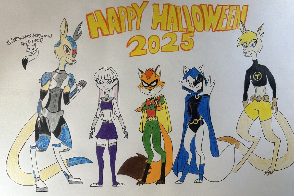 CastOfC13's tweet image. 🎃HAPPY HALLOWEEN🎃 
Today I drew all of my original characters cosplaying as the Teen Titans 
Roll call 
🦊Toxi as Robin
🦊Xara as Raven
🐰Aoi as Starfire
🦘Jake as cyborg
🦘Jenna as Terra
#helluvabossocs #Inktober2025 
#TeenTitans #cosplay