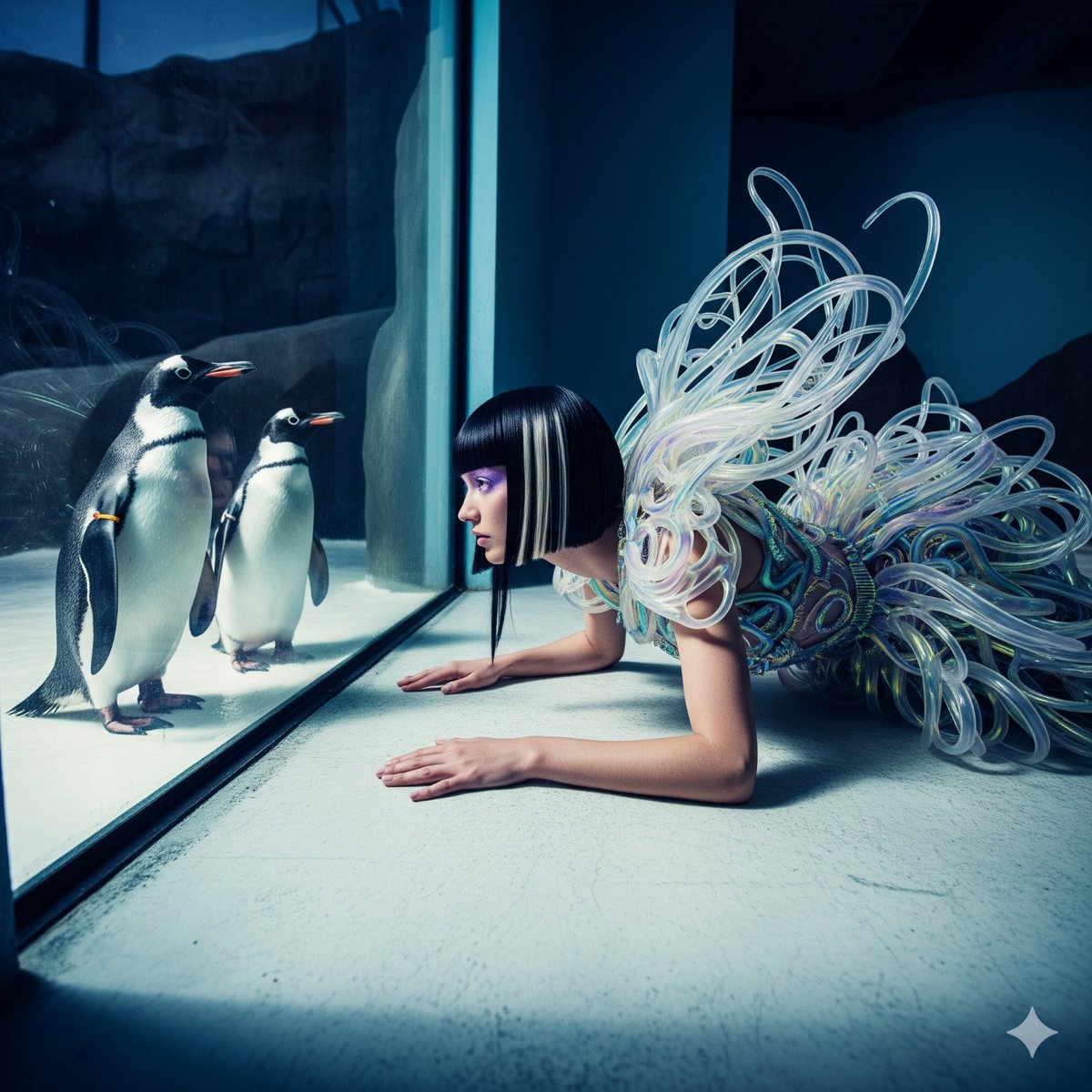syntaxaegis's tweet image. She consulted the penguins like old prophets; they said nothing, but everyone agreed her dress was louder than fate.
#hautecouture #surrealism #art #couture #fashionphotography