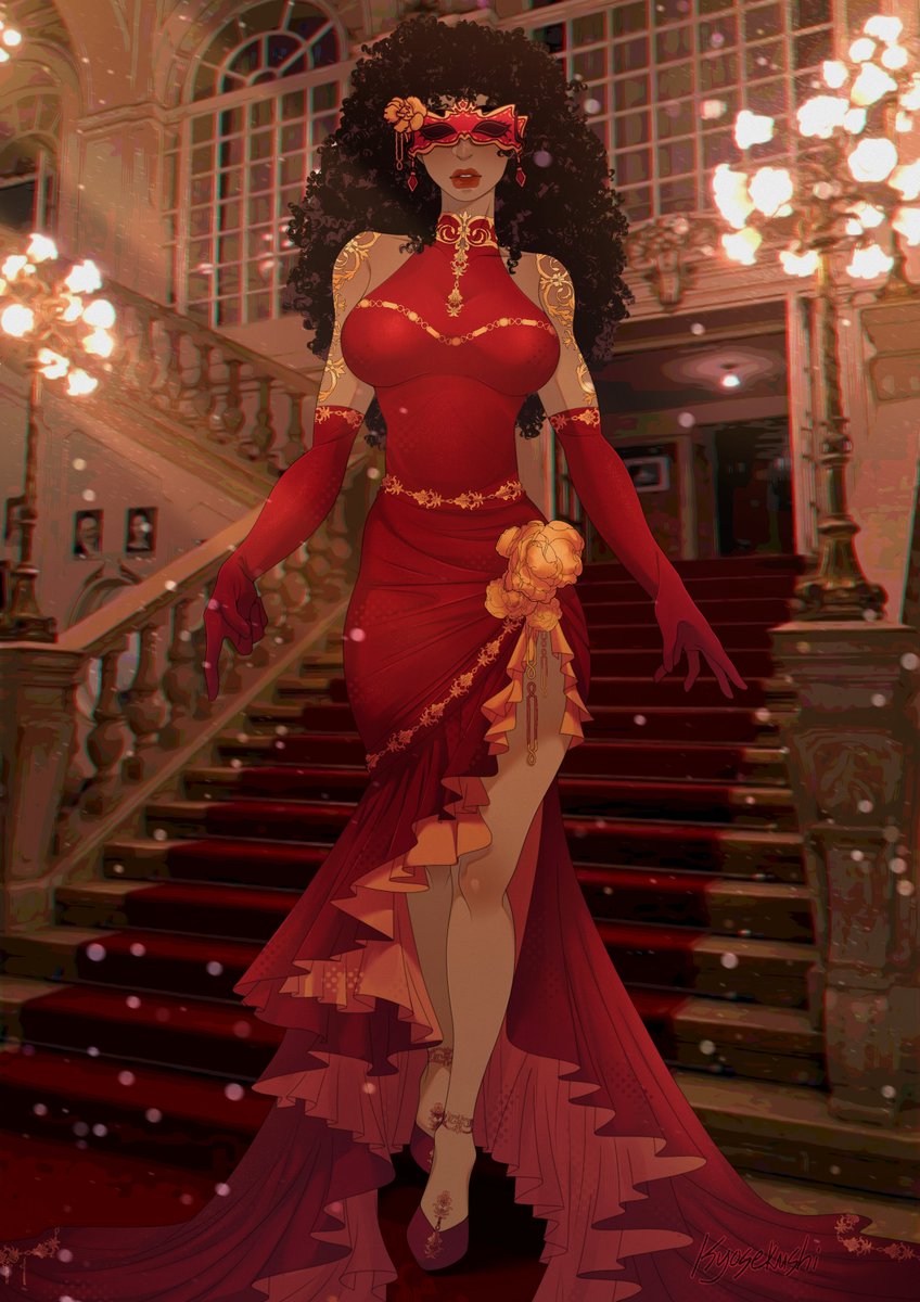 H0TRICE's tweet image. 〝 She descended the grand staircase in a flowing red and gold gown that glowed against her tan skin. The chandeliers lit her long, curly black hair like a halo, while her crimson masquerade mask lent her an air of mystery and effortless elegance. 〞

˖᯽ ݁˖· ─ #dateeverythingoc