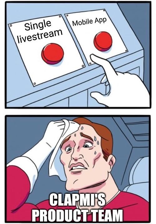 Clapmihq's tweet image. New month, New dilemma
𝗖𝗹𝗮𝗽𝗠𝗶’𝘀 𝗣𝗿𝗼𝗱𝘂𝗰𝘁 𝗧𝗲𝗮𝗺 𝘁𝗿𝘆𝗶𝗻𝗴 𝘁𝗼 𝗱𝗲𝗰𝗶𝗱𝗲 𝗯𝗲𝘁𝘄𝗲𝗲𝗻 “𝗦𝗶𝗻𝗴𝗹𝗲 𝗟𝗶𝘃𝗲𝘀𝘁𝗿𝗲𝗮𝗺” 𝗼𝗿 “𝗠𝗼𝗯𝗶𝗹𝗲 𝗔𝗽𝗽”
We don’t know which update will drop first, but we promise it’s gonna be worth it. 👀
Happy New Month to…