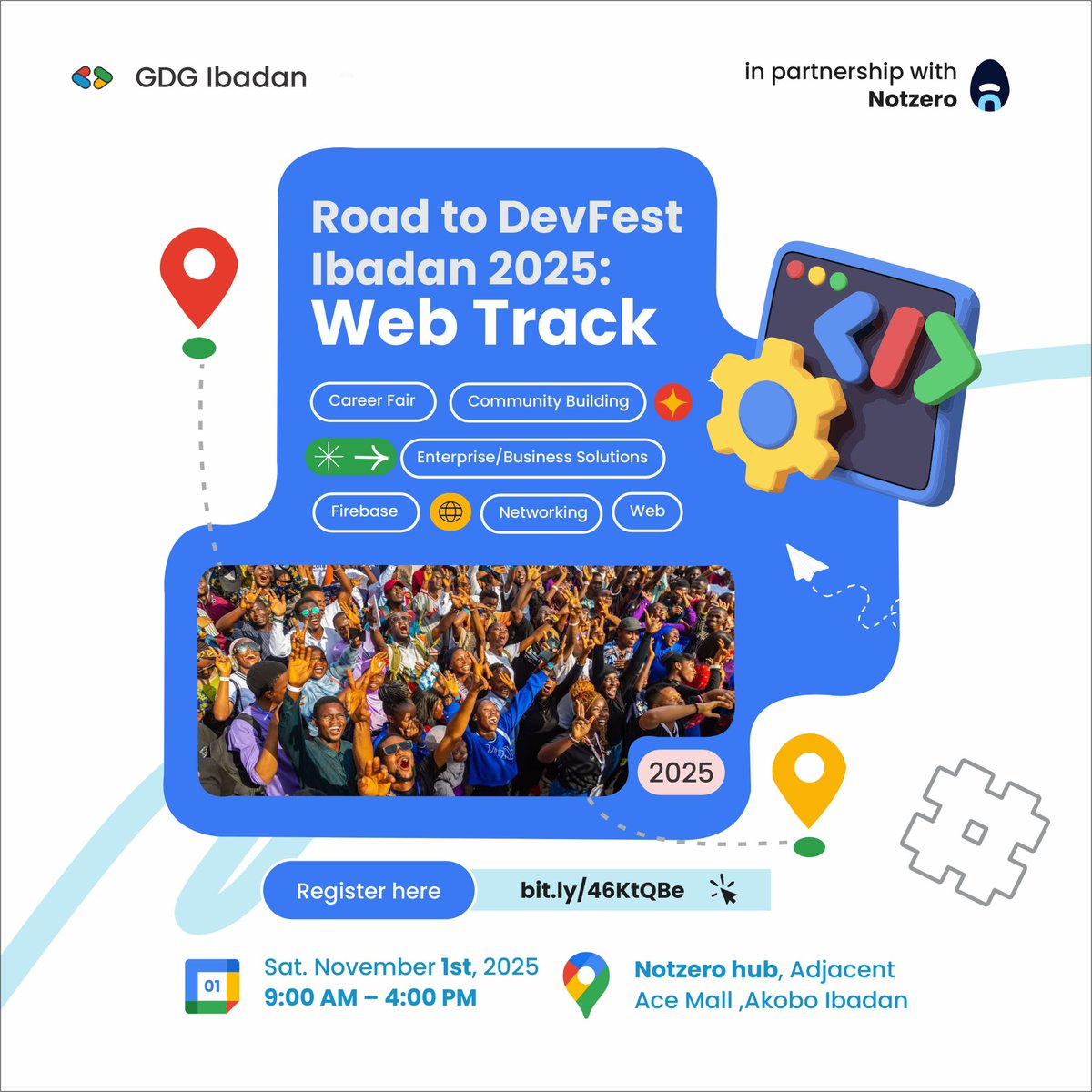 gdgibadan's tweet image. 🤪 Happy New month to the beautiful people of IB city and Oyo state in large.

Two of our Pre-DevFest hands on workshop are happening today 1st of Nov.: 
Web Track at (@notzerohub) and Cybersecurity Track in partnership with @WeSafeNet at (@sqicict) College Of ICT Dudge campus.