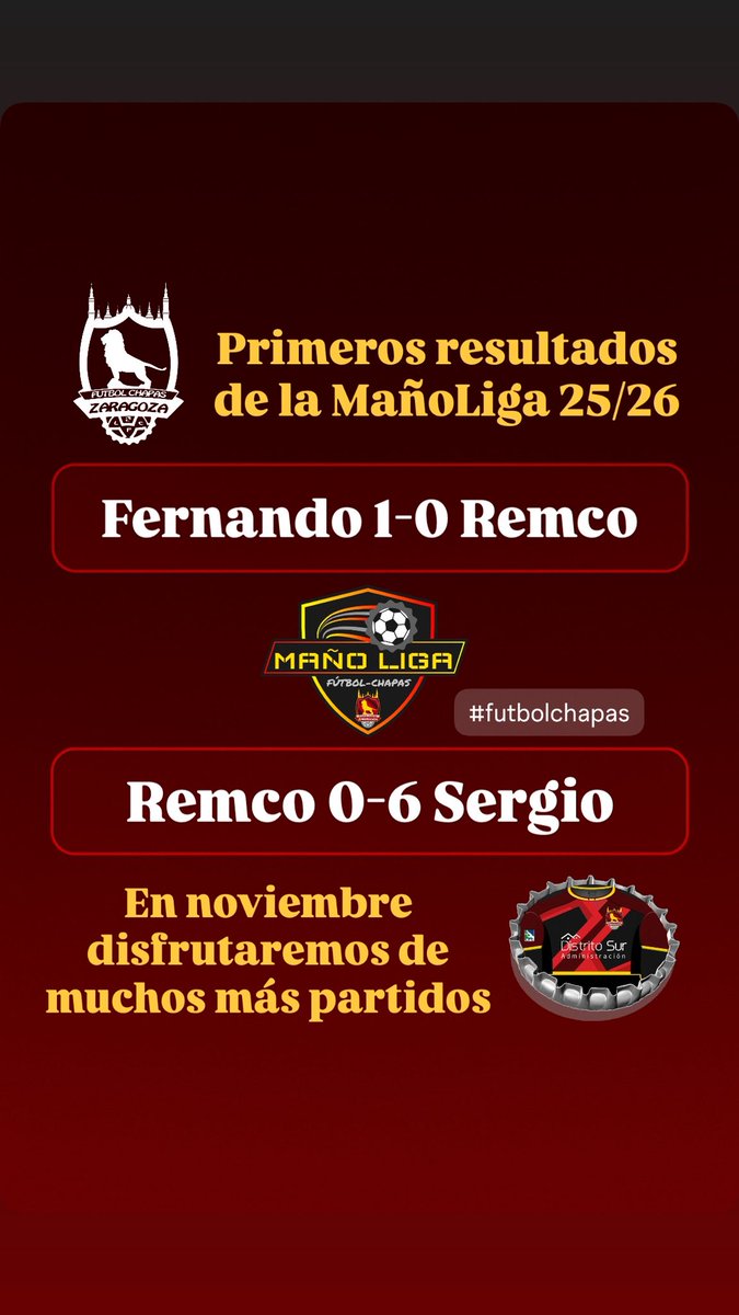Primeros resultados de MañoLiga #FutbolChapas 25/26 🏆⚽️👌🏻🥳
Un muy igualado duelo con ajustadísima victoria de Fernando sobre Remco 👏🏻
Y <a href="/SergioPlante91/">Sergio Planté</a> estuvo a un nivel excepcional 🔝 ante lo que Remco poco pudo hacer
En noviembre muchos más partidos y grandes momentos!! 🥰
