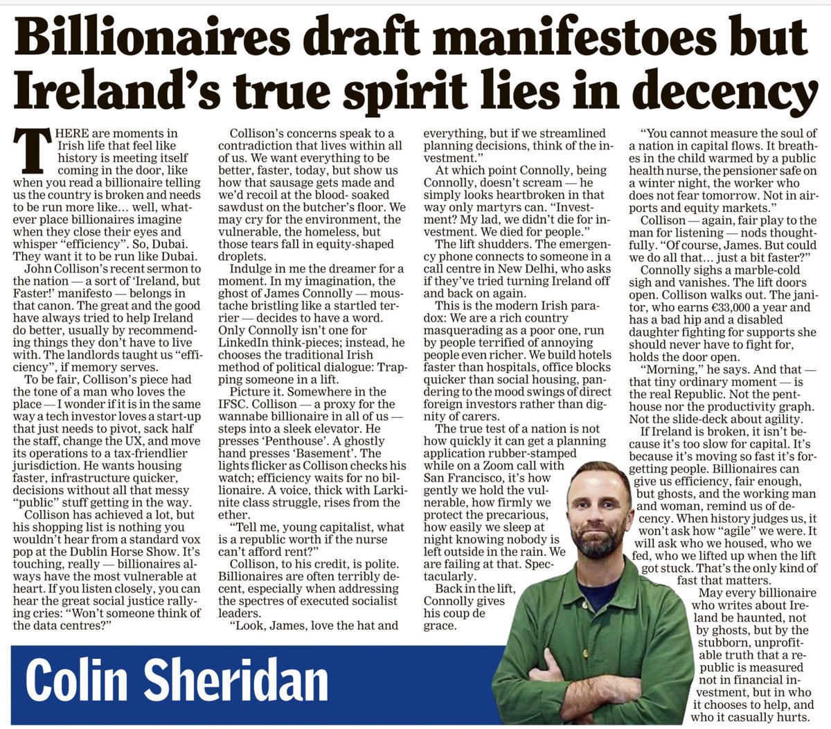 “We are a rich country masquerading as a poor one, run by people terrified of annoying people even richer.”
~Colin Sheridan <a href="/colinivan/">Colin Sheridan</a> 

Irish Examiner

☕️🥐