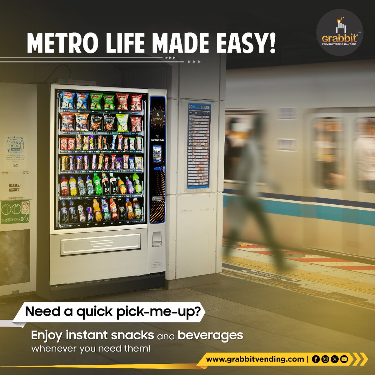 GrabbitIndia's tweet image. Busy day, quick break? 🚆

Fuel your hustle with our smart vending machines — snacks and drinks when you need them most.

#MetroLife #VendingSolutions #GrabAndGo
