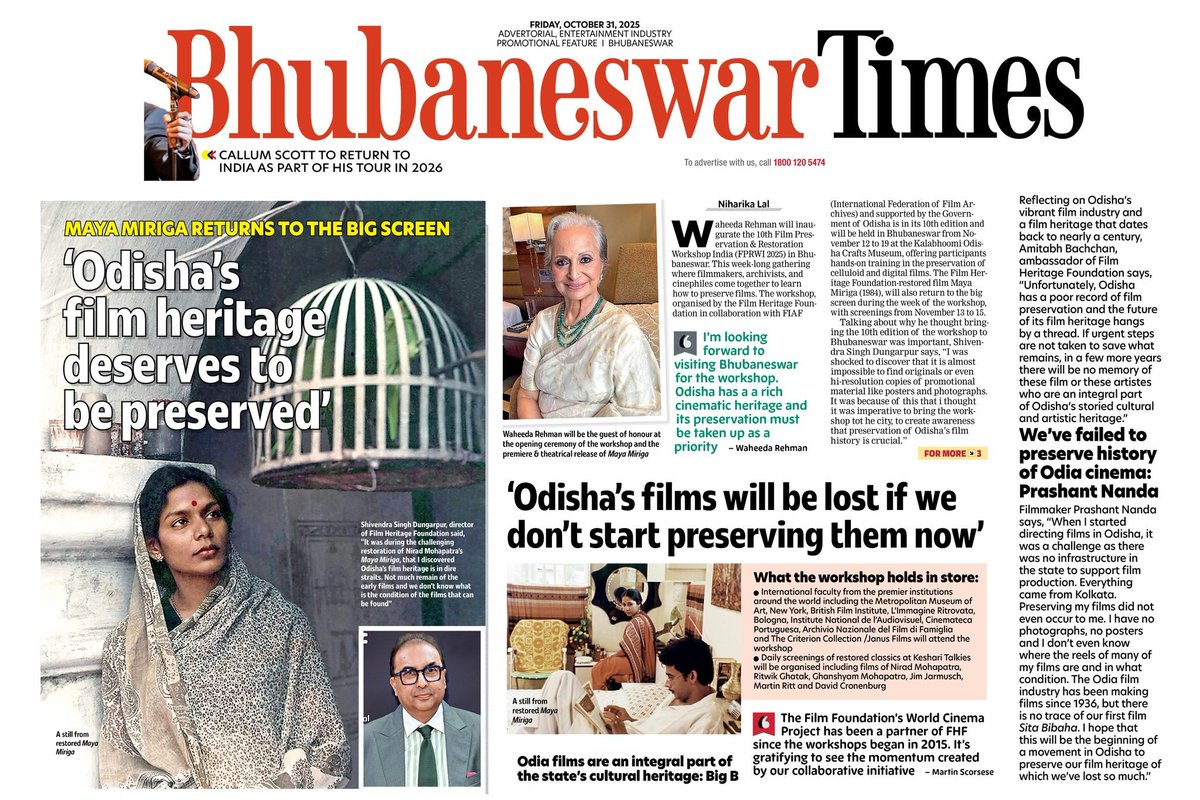 FHF_Official's tweet photo. Odisha’s films will be lost if we don’t start preserving them now” is a headline in Niharika Lal’s piece in the Bhubaneswar Times that covers FHF’s upcoming 10th Film Preservation &amp; Restoration Workshop India in Bhubaneswar from November 12 - 19, 2025... https://t.co/QvJGnBxDay