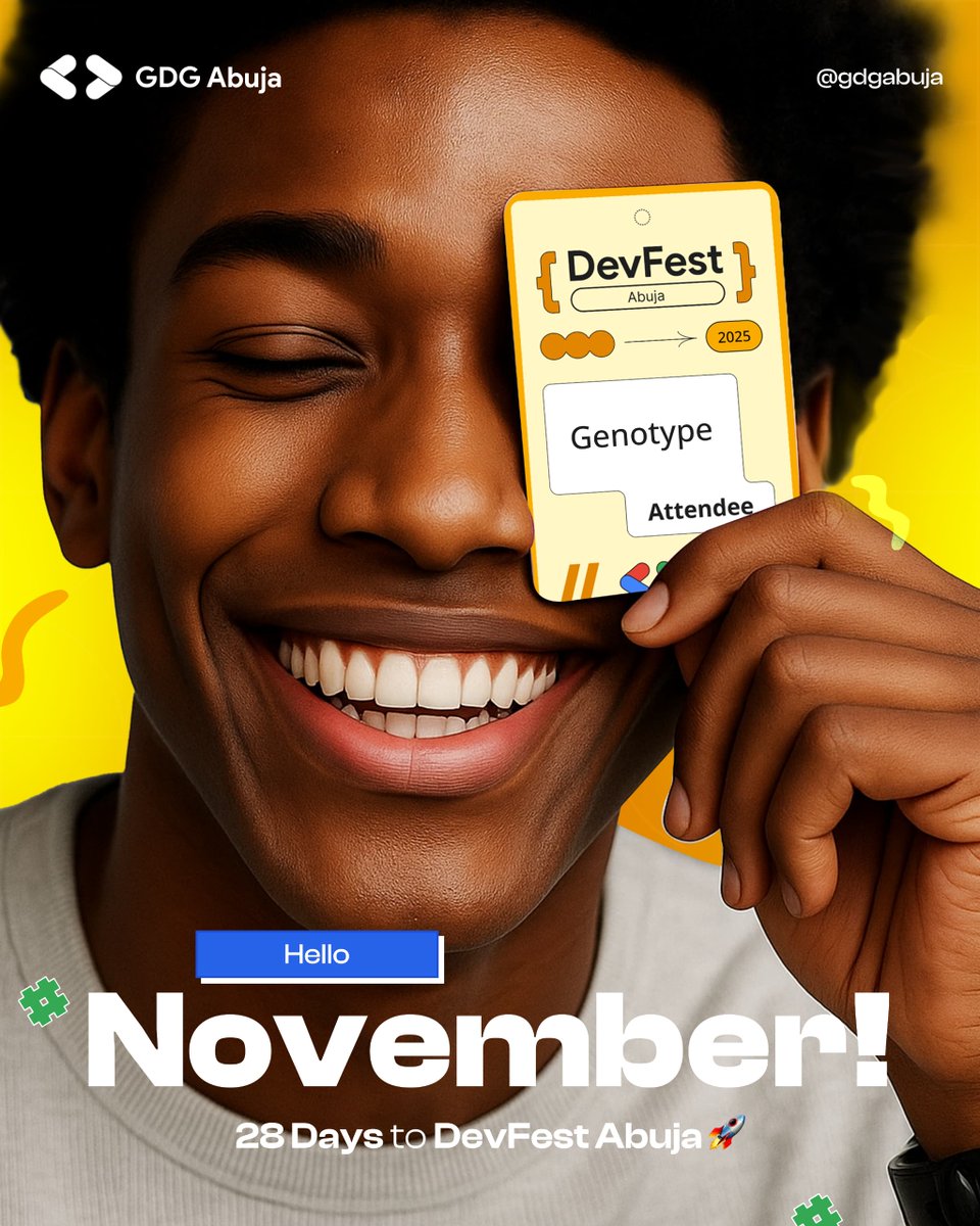 gdgabuja's tweet image. Hello November 💛

We’re counting down to #DevFestAbuja, a day of learning, collaboration, and innovation with the best minds in tech.

🎟️ Register now → devfestabuja.com 

#DevFestAbuja2025